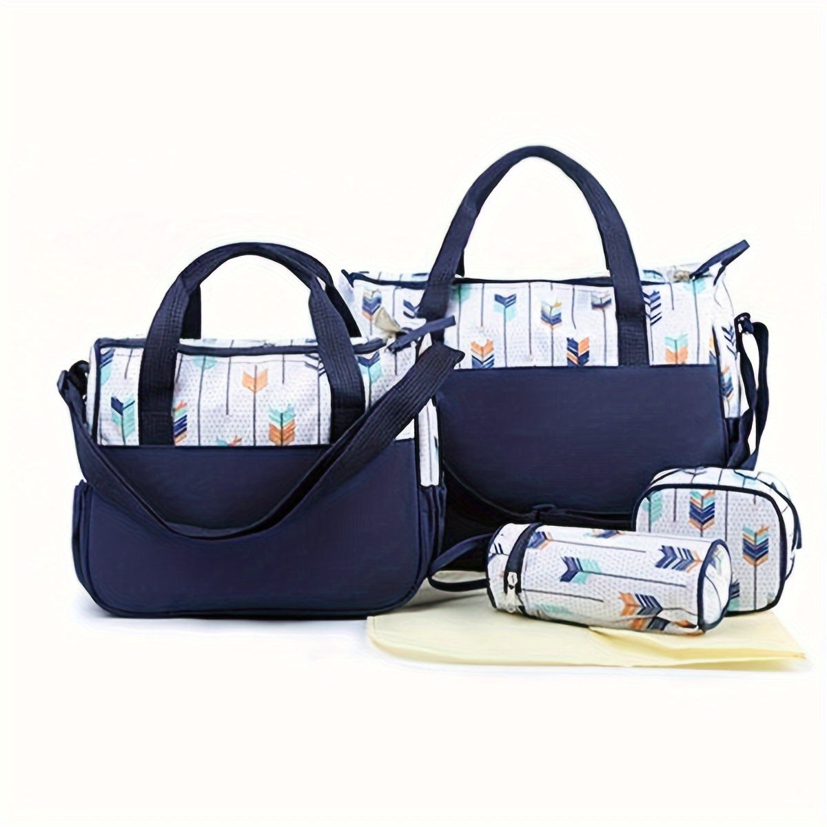 5-Piece Chic Geometric Print Parent Bag Set - Stylish and Functional Diaper Bags with Shoulder Strap for Busy Parents