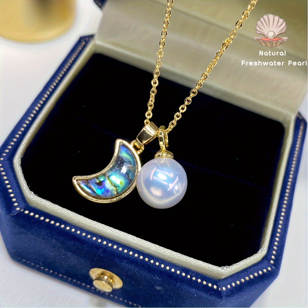 Stylish Abalone & Mother-Of-Pearl Moon Necklace Featuring Genuine Edison Pearl Pendant - Exquisite Craftsmanship, High-End Materials Perfect for Girlfriend, Mother, Friends - Great for Daily Wear & Birthday Presents.