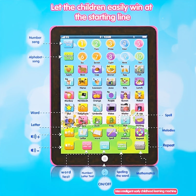 Educational tablet toy for children with interactive learning games in music, numbers, spelling, words, and alphabets. Battery-powered.