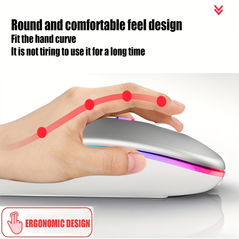 Rechargeable LED wireless mouse with dual mode, silent operation, and ergonomic design. Suitable for various devices like laptops, desktops, and tablets.