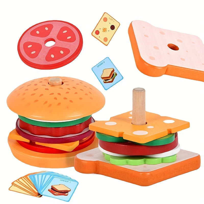 Children's Wooden Pretend Hamburger and Sandwich Set with Matching Props, Cutting Food, Kitchen Tools, Perfect for Kindergarten Family Toys, Ideal Gifts for Christmas, Halloween, and Thanksgiving