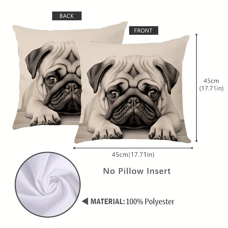 Double-sided throw pillow cover featuring an adorable pug design, measuring 44.96x44.96cm. Made of decorative polyester, this cushion case is ideal for the home and living room. A perfect gift for dog lovers and pug moms, this cover includes a zip