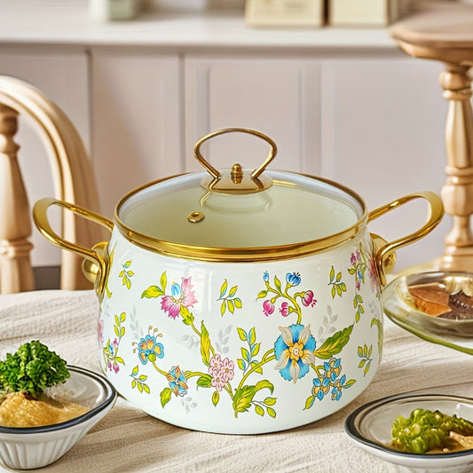 Elegant French Floral Enamel Stove Pot - Perfect for Induction Cooktops, No Electricity Needed - Ideal for Home Kitchen & Dining