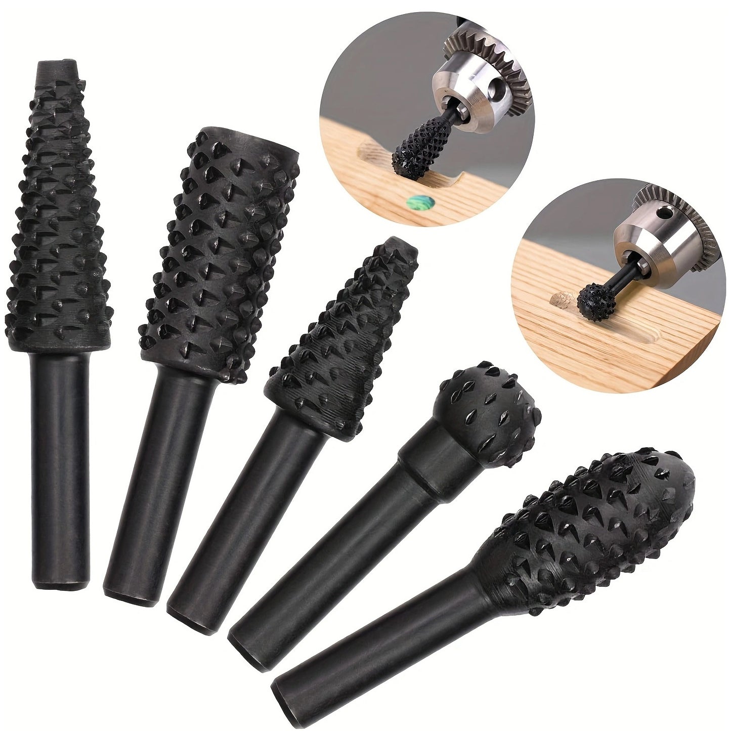 5/10pcs Wood Carving File Rasp Drill Bit Set, 1/4" 6mm, DIY Woodworking Rotating Chisel Shaped Burr Power Tools.