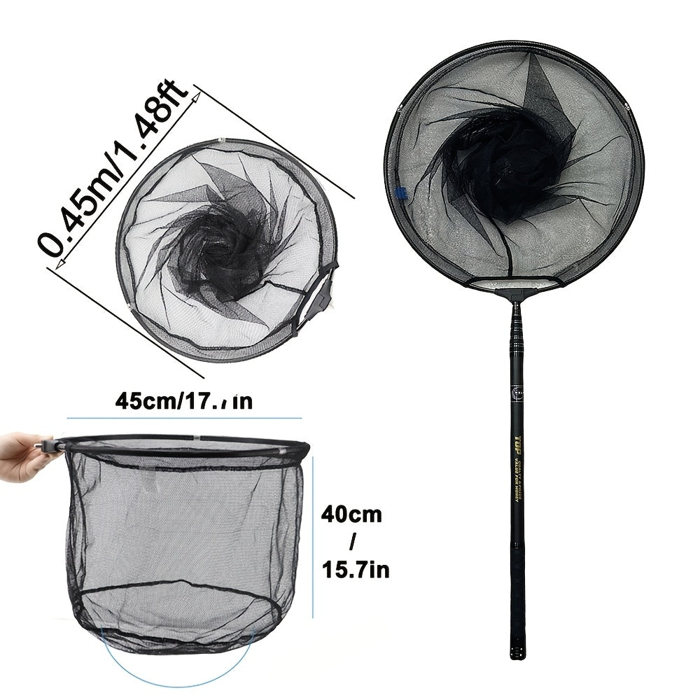 Telescopic portable net set with ultra-short design and anti-slip handle. Made with carbon cloth material pole and dense hole nylon net. Features a universal connection port and can be