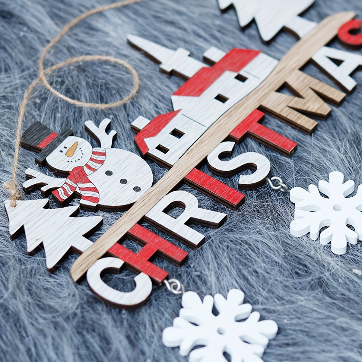 Handcrafted wooden Christmas ornament features Santa Village and snowflakes design, perfect for holiday decor in homes and restaurants. No power needed.