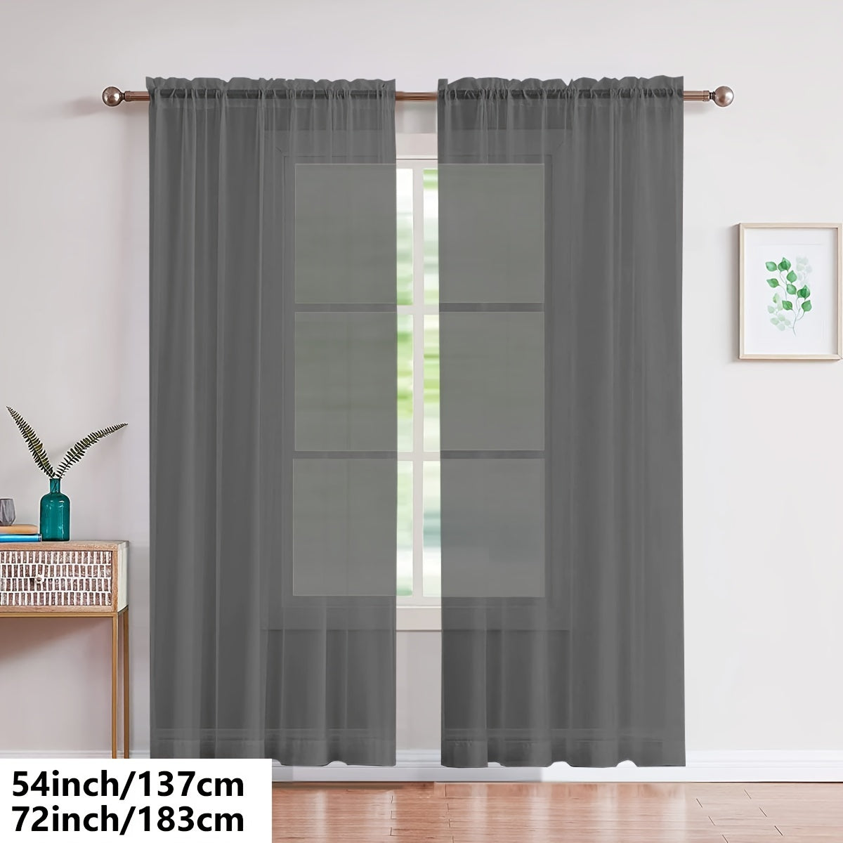 Two pieces of lightweight transparent white gauze curtains, designed for living room and bedroom decoration, with pole-wearing feature.