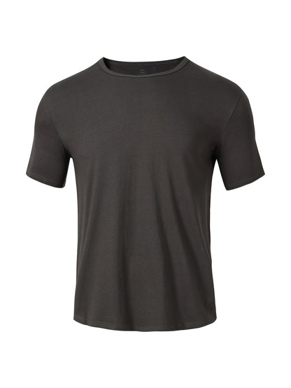 5 Men's 100% Cotton T-Shirts in Black, Dark Blue, Light Gray, White, and Black. Breathable, comfortable, crew neck, short sleeve. Ideal for all seasons, machine washable.