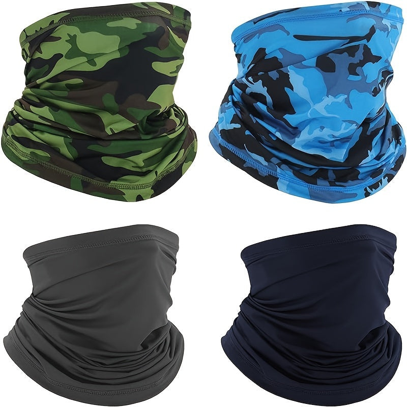 Set of 4 Camouflage Print Masks for Cycling, Neck Gaiter, Thin and Breathable Face Cover for Outdoor Activities like Hiking, Sports, Fishing. UV Face Shield for Women and Men