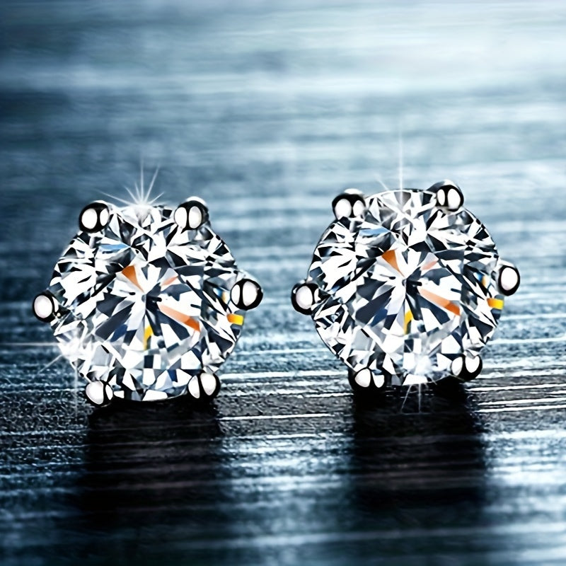 Classic 6-Prong Design Elegant Moissanite Stud Earrings For Women, Luxury Alloy Ear Piercing Jewelry Decoration, 1 Pair