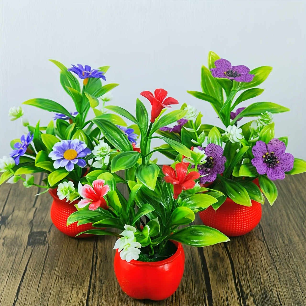 3 mini artificial potted plants with vibrant red pots - perfect for home, office, kitchen, and special occasions.