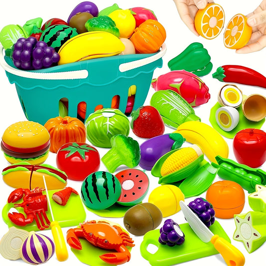 Reusable kitchen toys set includes 9 or 24 pieces of fruit and vegetable cutting toys made of plastic.