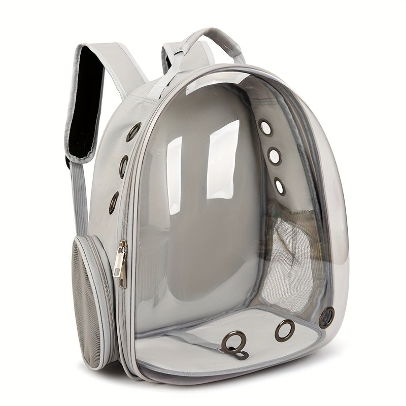 See-through PVC cat carrier backpack with breathable space capsule design and zipper closure for comfort and portability.