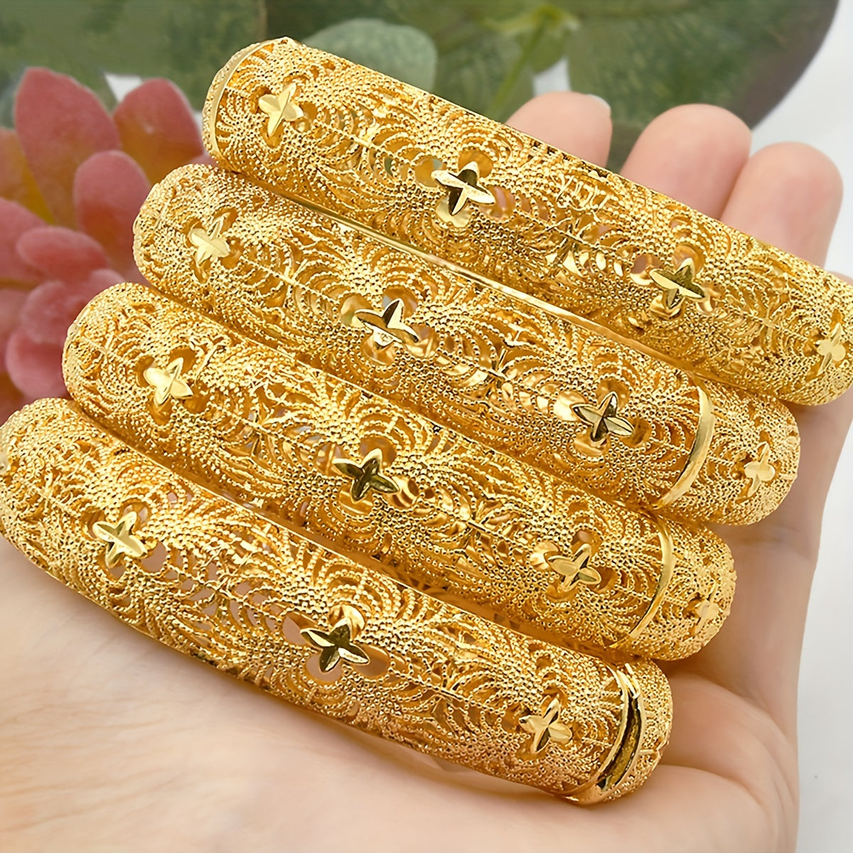 Set of 4 Elegant Golden Cuff Bangles - Made from Zinc Alloy, Ideal for Weddings & Parties, Bangle Bracelet Collection