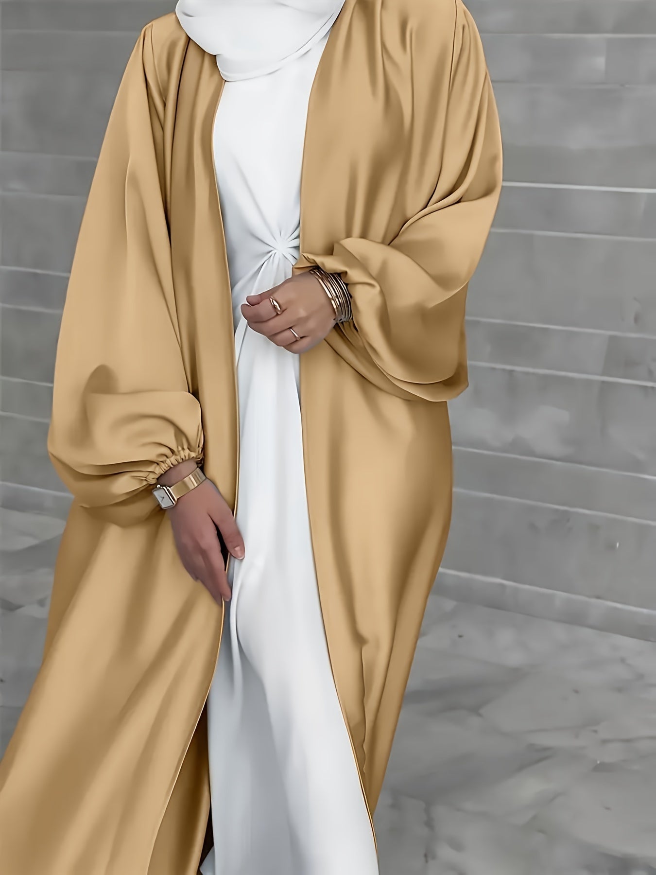 Long, elegant dress with puffed sleeves, slit hem, belt, and regular fit suitable for all seasons. Made of solid color, non-stretch polyester.