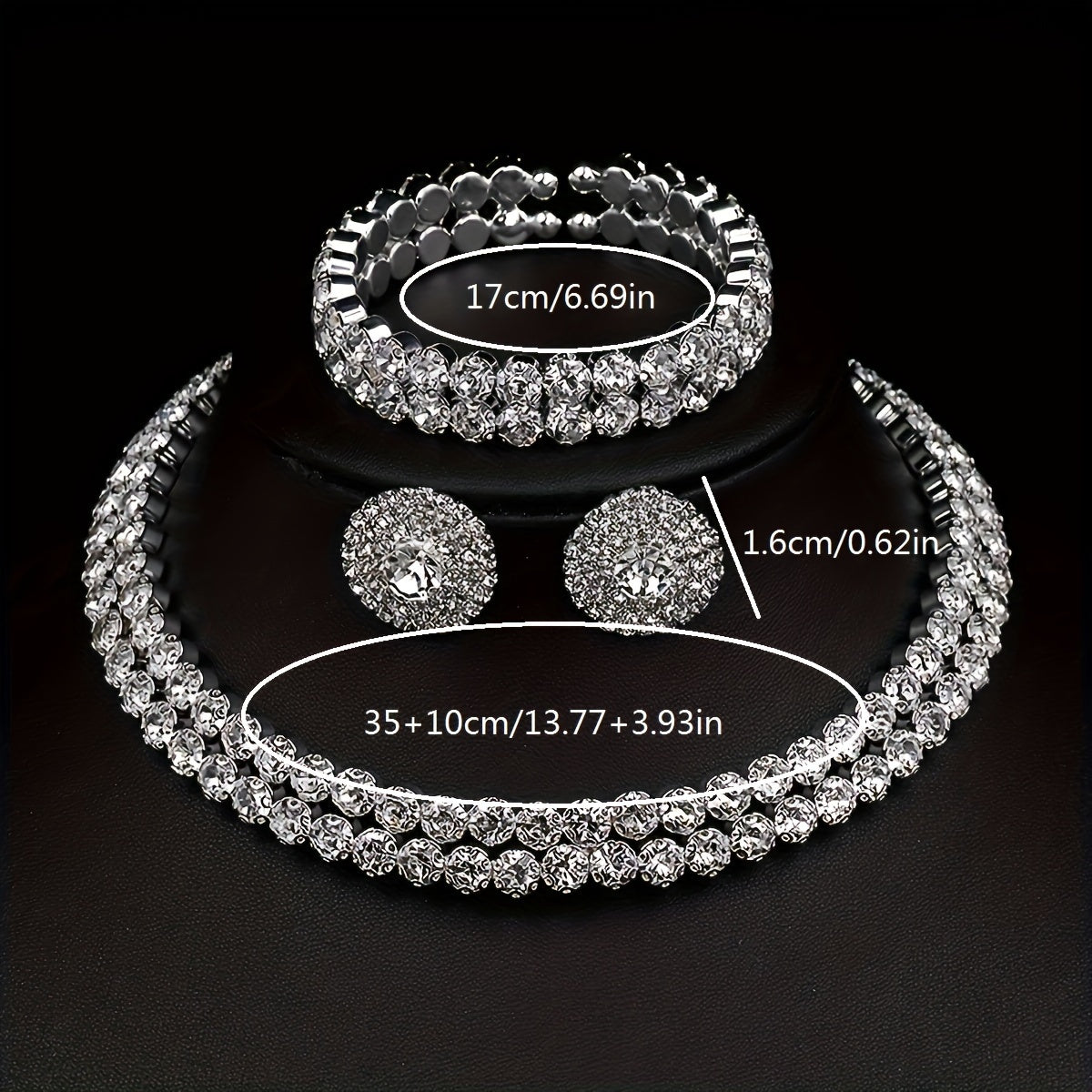 Elegant silver plated jewelry set featuring one pair of earrings, one necklace, and one bracelet all inlaid with shining rhinestones. Perfect for matching with daily outfits or as party accessories.