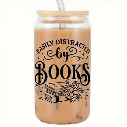 1 set including a 16oz glass with lid and straw; ideal for book lovers, librarians, friends, women, readers, teachers.