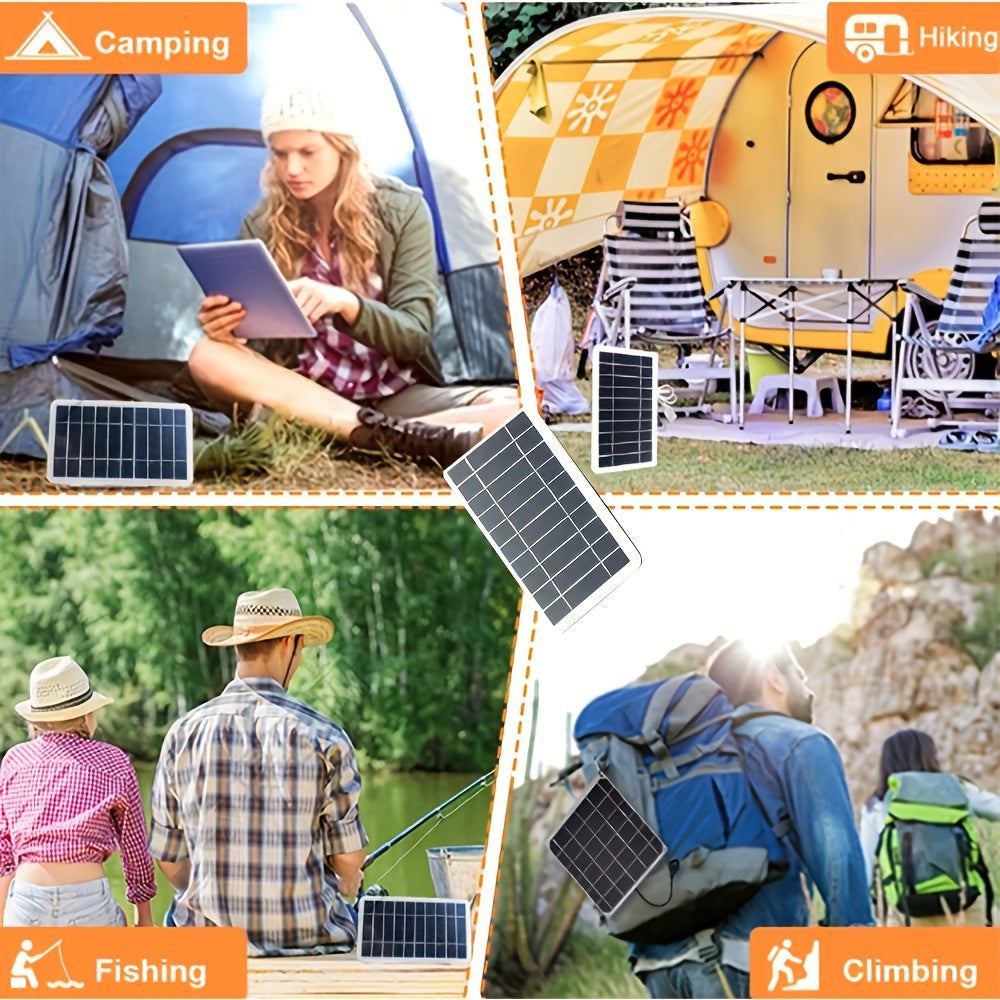 Solar USB charger for outdoor travel and camping, with mobile power, phone charging, flashlight, and fan capabilities.