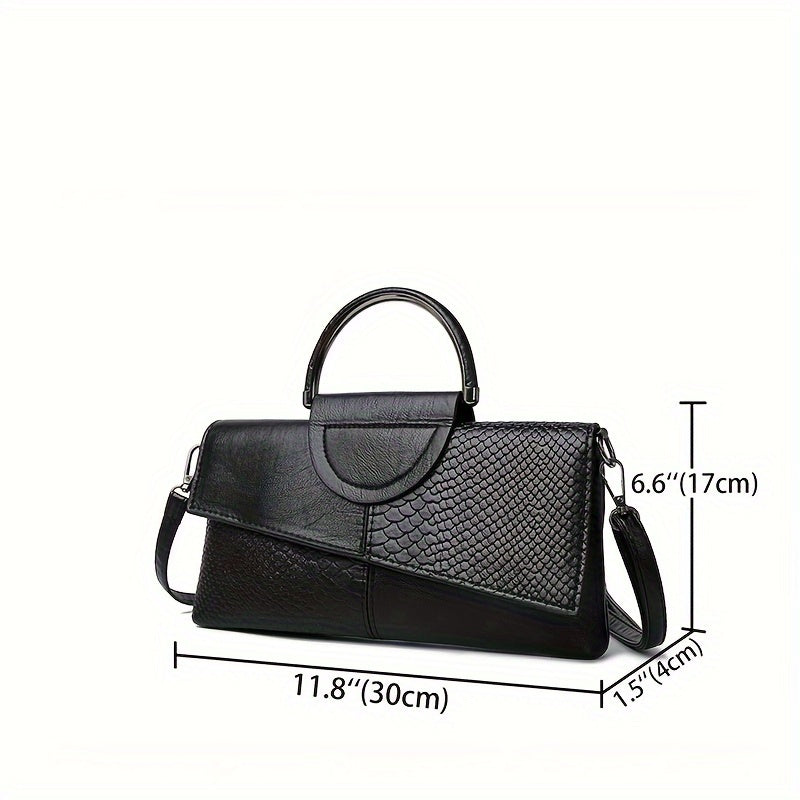 Vintage black crocodile pattern handbag for women with detachable strap, lightweight and stylish for everyday use, versatile and elegant top handle bag.