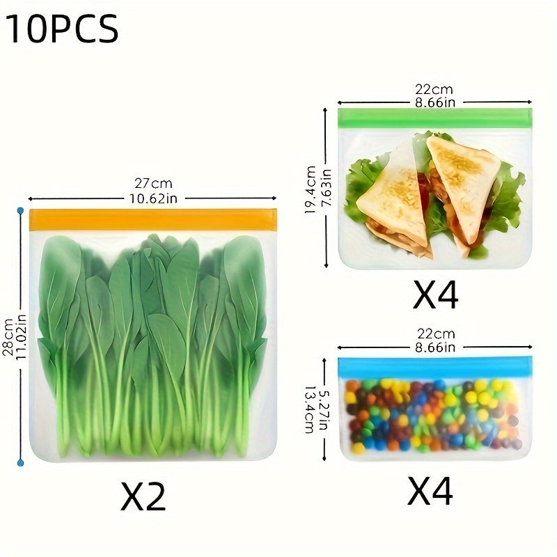 8 to 10 pieces of reusable storage bags in a pack, made of PEVA material that is free from Bisphenol A. These gallon-sized bags are leak-proof and vertical, perfect for storing food in the freezer. Also included are sandwich bags, travel snack bags, and