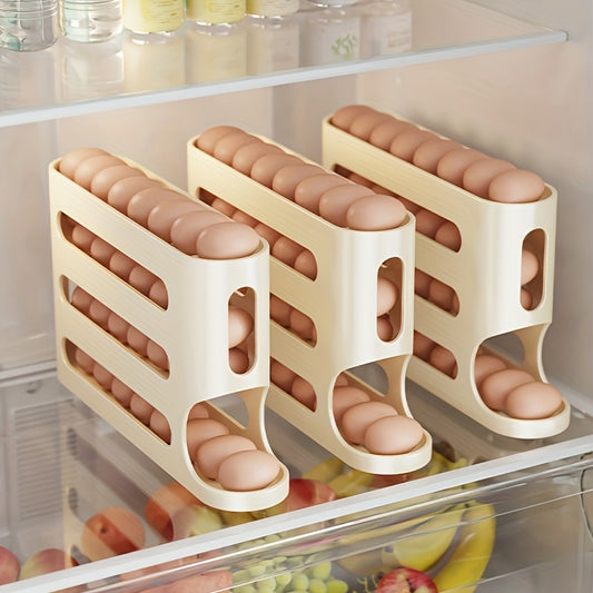 Large capacity refrigerator egg storage box with automatic egg roller slide and 4-layer ladder design.