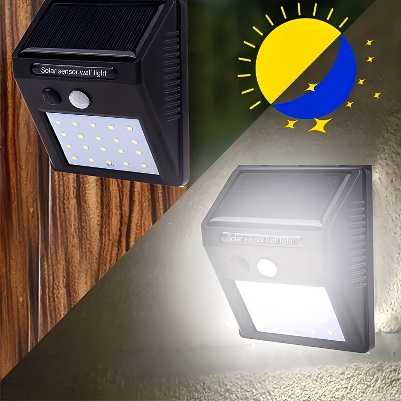 Solar wall light with motion sensor, 3 lighting modes, auto dark activation, rechargeable battery, ideal for outdoor areas.