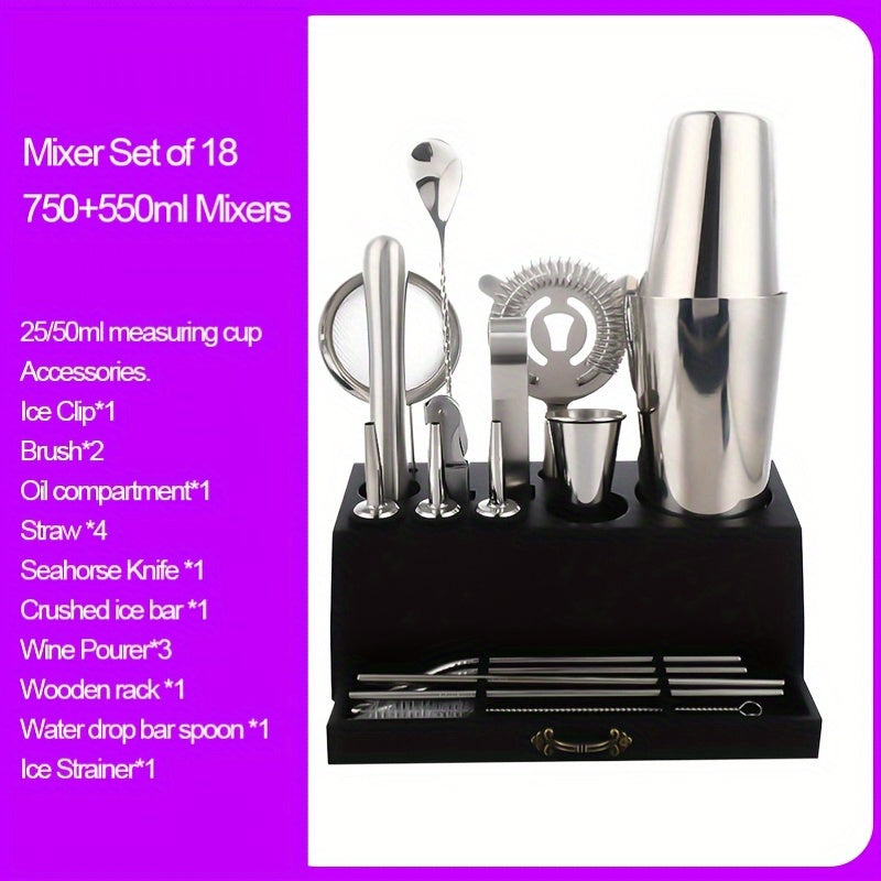 Essential Barware Tools Set - 18-Piece Stainless Steel Cocktail Shaker Set with Jigger, Pourer, Corkscrew, Muddler, Brush, Teardrop Bar Spoon, Garnish Tray, Straws - Complete Bartender Kit for Home, Bar, and Party Drink Mixing