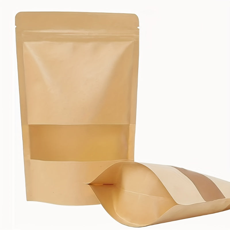 50/25 Waterproof Kraft Paper Stand Up Pouches with Window for Coffee, Resealable and Sealable for Home or Business Packaging.