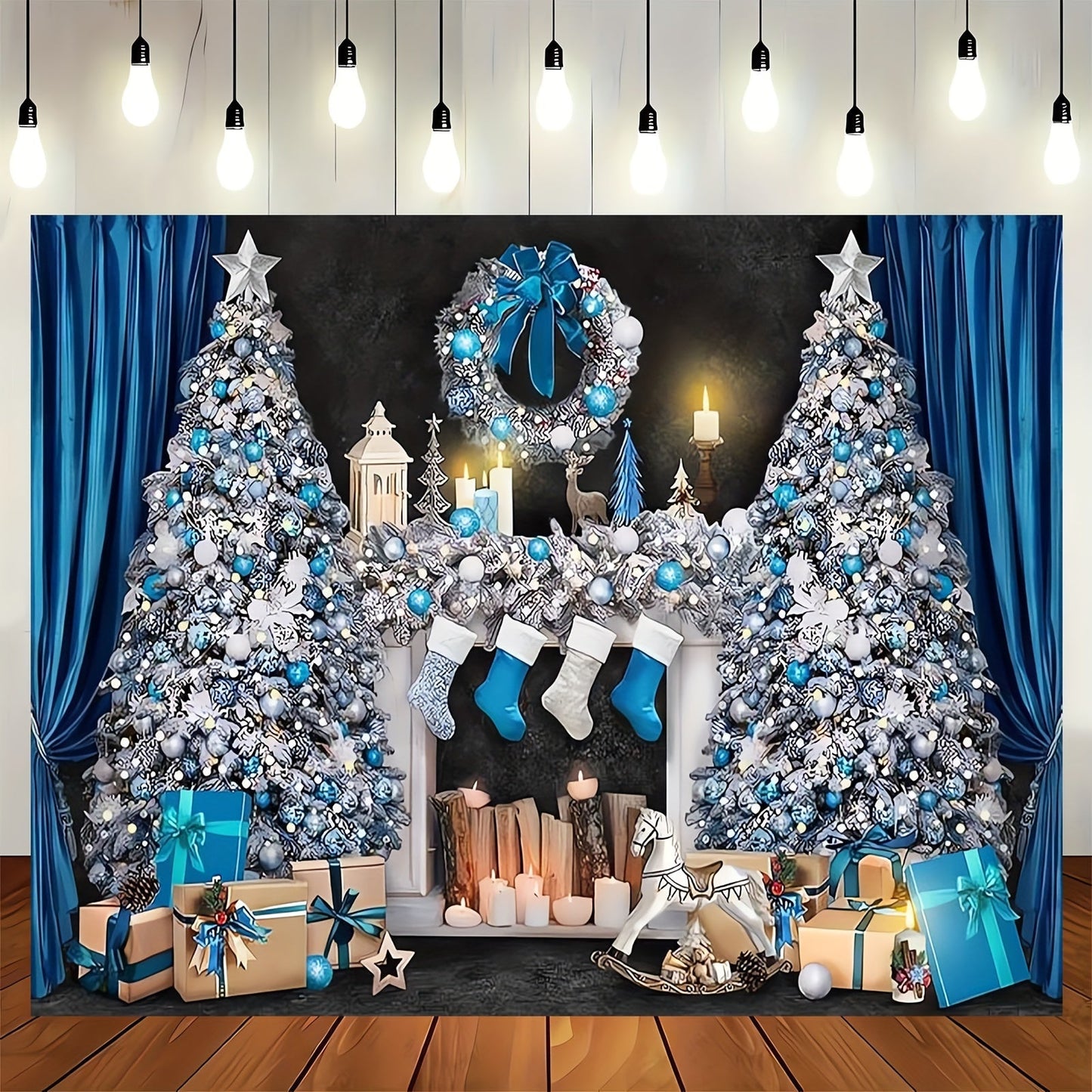 Retro Blue and White Christmas Mantelpiece Scene with Presents and Tree - Ideal for Photo Booths, Events & Decorating Your Home