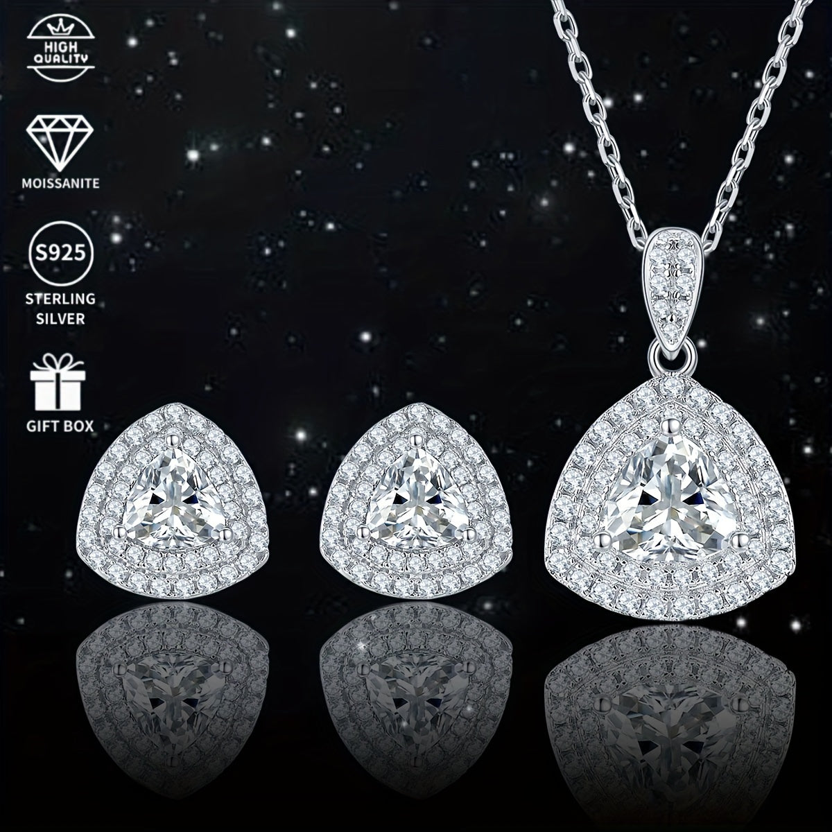 Experience elegance with the SEVENMOONS Luxury Moissanite Jewelry Set. Crafted with 925 sterling silver and platinum plating, this set features a stylish triangle pendant necklace and matching stud earrings. Perfect for adding a touch of glamour to any