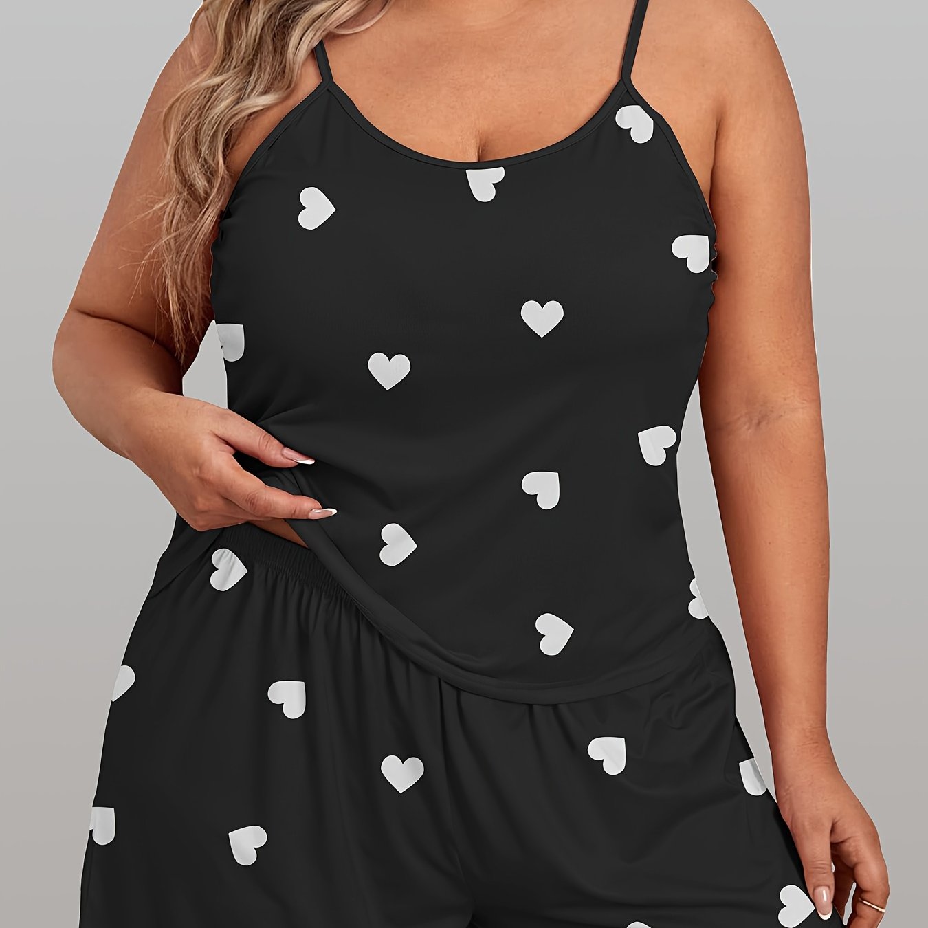 Plus size women's heart print pajama set with cami top and shorts