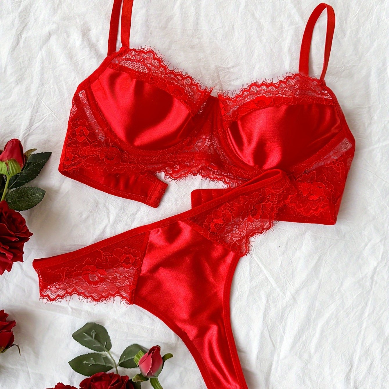 Valentine's Day Set: Women's Eyelash Lace Satin Longline Underwire Bra and Thong