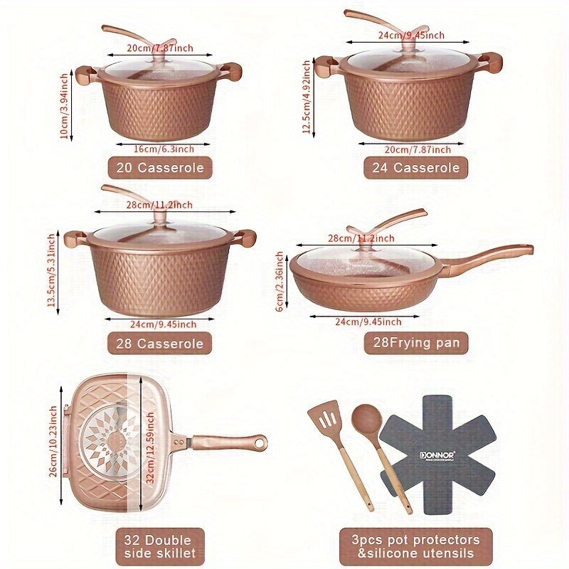 Luxury Set of 15 High-Quality Non-Stick Diamond Series Cookware Pieces, Including Frying Pans, Soup Pots, and Multi-Functional Die-Cast Aluminum Pot, Perfect for High-End Kitchen Cooking Combination.