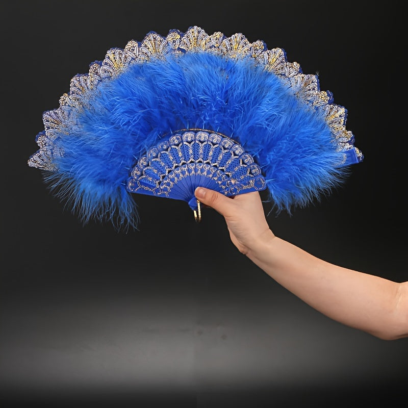 High-end Plush Feather Folding Fan with Extra Thickness, Perfect for Adults' Performance Dance. Ideal for Chinese Cheongsam Runway Shows, Comes in a Variety of Colors.