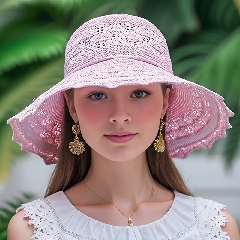 Stylish women's sun hat with breathable foldable wide brim for UPF protection, hand washable for summer travel.