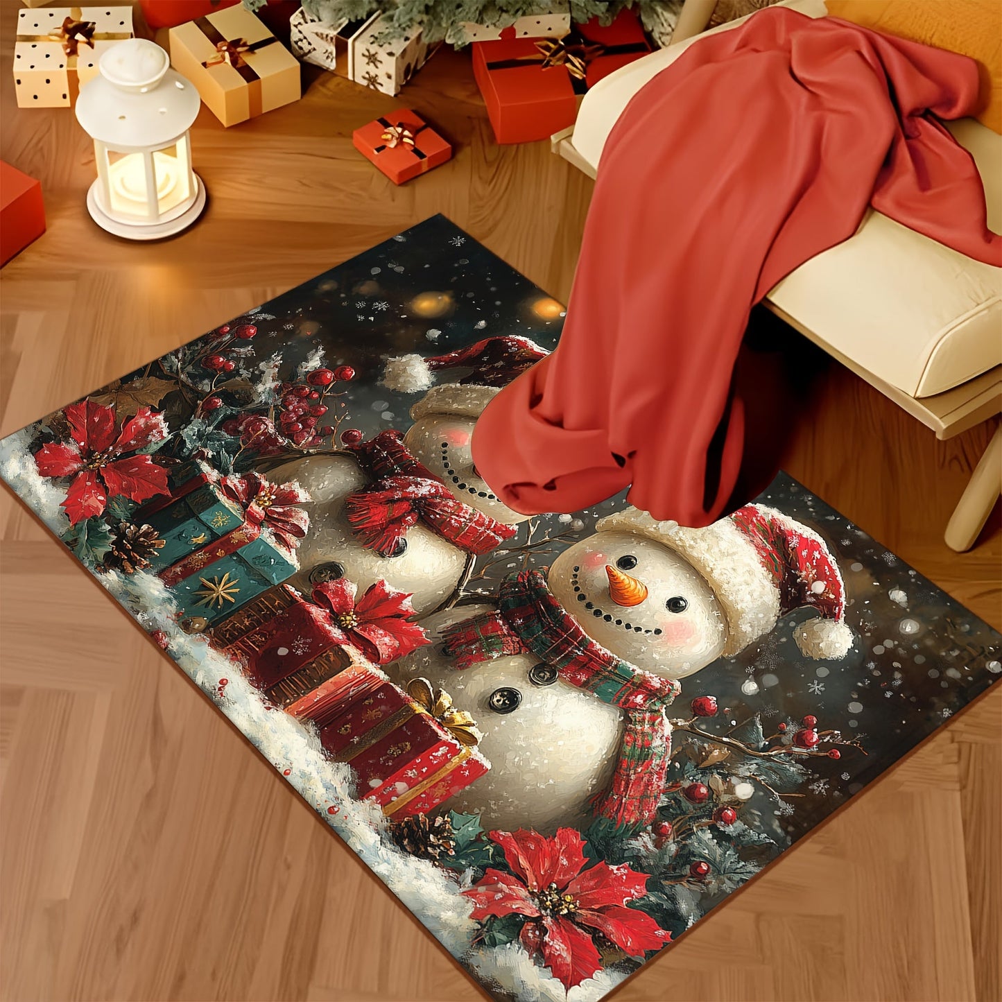 This durable Christmas Snowman Doormat is made of lightweight and washable braided polyester, with a non-slip rubber backing to keep it in place. Perfect for use in the home, living room, bathroom, or balcony. Machine-made for quality and featuring