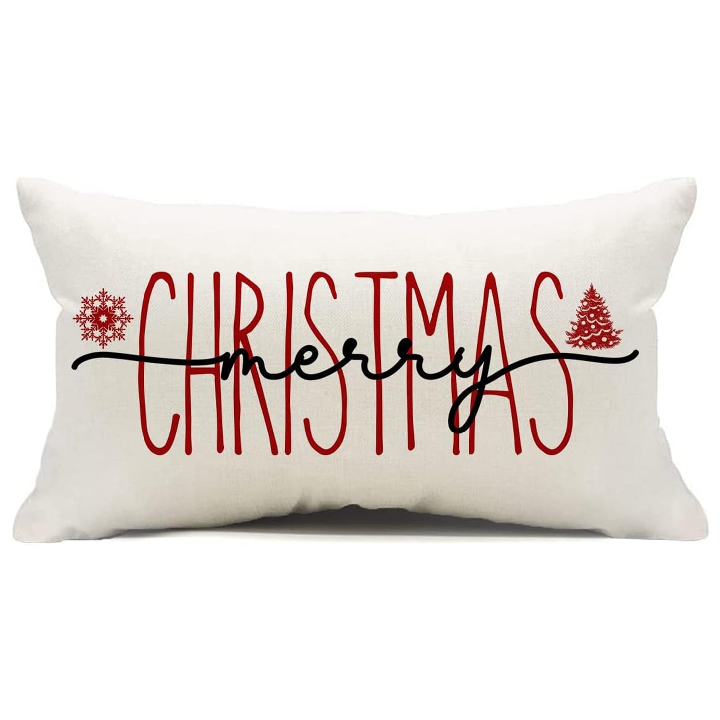 Modern Linen Throw Pillow Cover featuring a festive "Merry Christmas" design with snowflake and tree motifs. This zippered pillow cover is washable and showcases a contemporary style, made from polyester material. Perfect for various room types