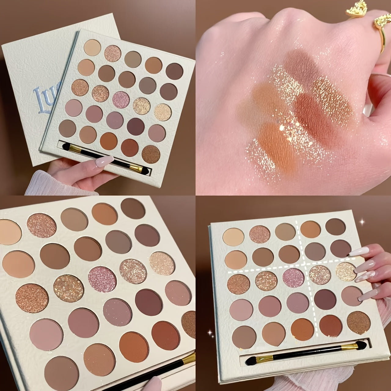 MUGELEEN 25-Color Eyeshadow Palette with Blush & Highlighter, includes brush, easy for beginners, matte & pearly finishes.