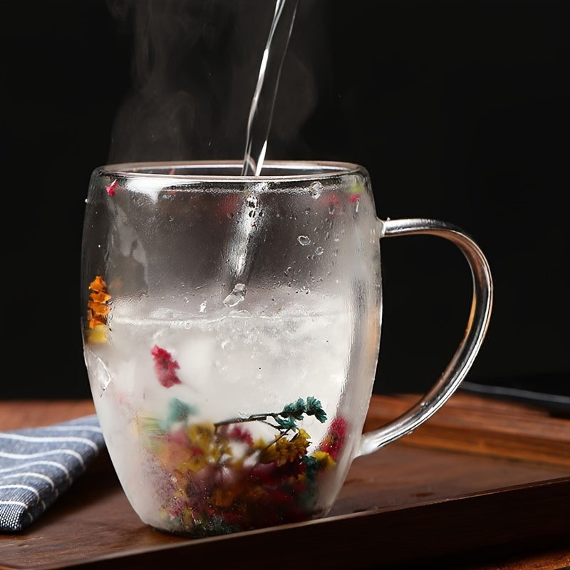 1pc double-layer glass cup with real flowers and flowing sand, perfect for hot drinks, milk, or summer beverages, ideal as a birthday gift.