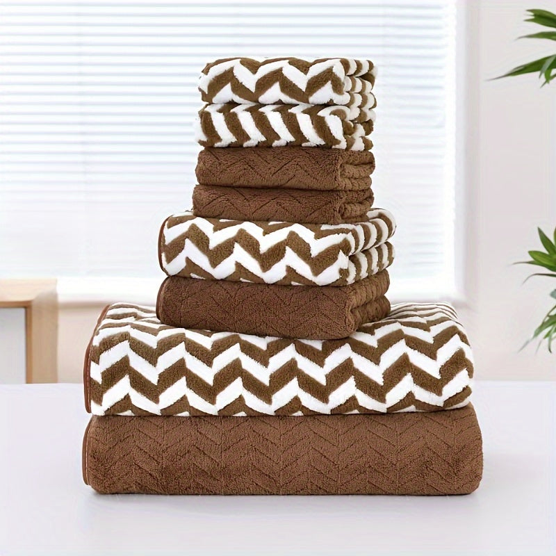 8-piece Chevron Stripe Towel Set for quick-drying absorbency in bathroom, Home, Hotel, and Spa. Includes 2 Bath Towels, 2 Hand Towels, and 4 Washcloths made of 280gsm Polyester.