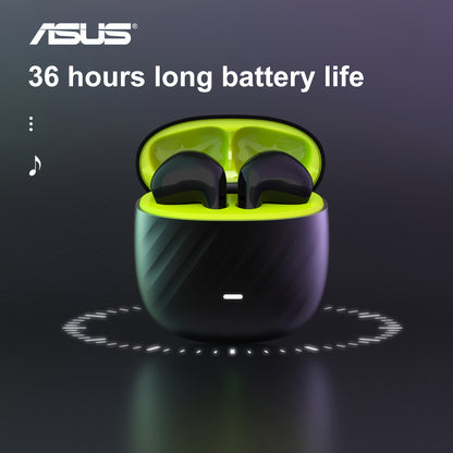 Asus wireless earbuds with microphone, long battery life and charging case for gaming and music.