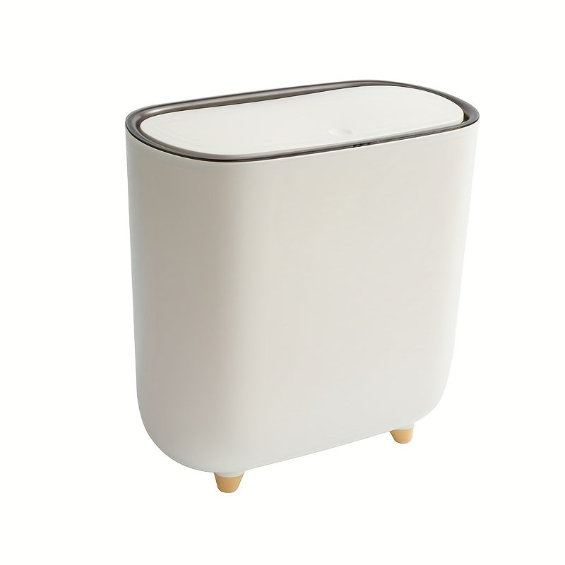 Slim plastic trash can with lid for small spaces, ideal for bedrooms, bathrooms, and living rooms.