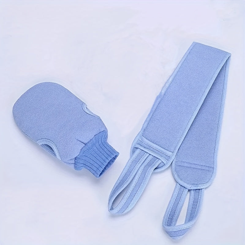 2-piece bathing set includes a bath towel, back scratcher, and scrubbing gloves.