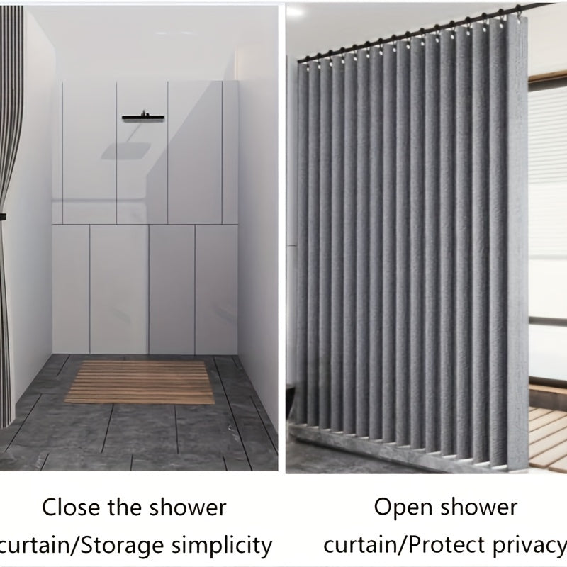 High-pressure folding waterproof shower curtain made from durable imitation linen fabric. Features wet and dry separation for bathroom and cabinet dust protection. Includes faux leather strap and C-type hooks. Machine washable for easy care. Provides