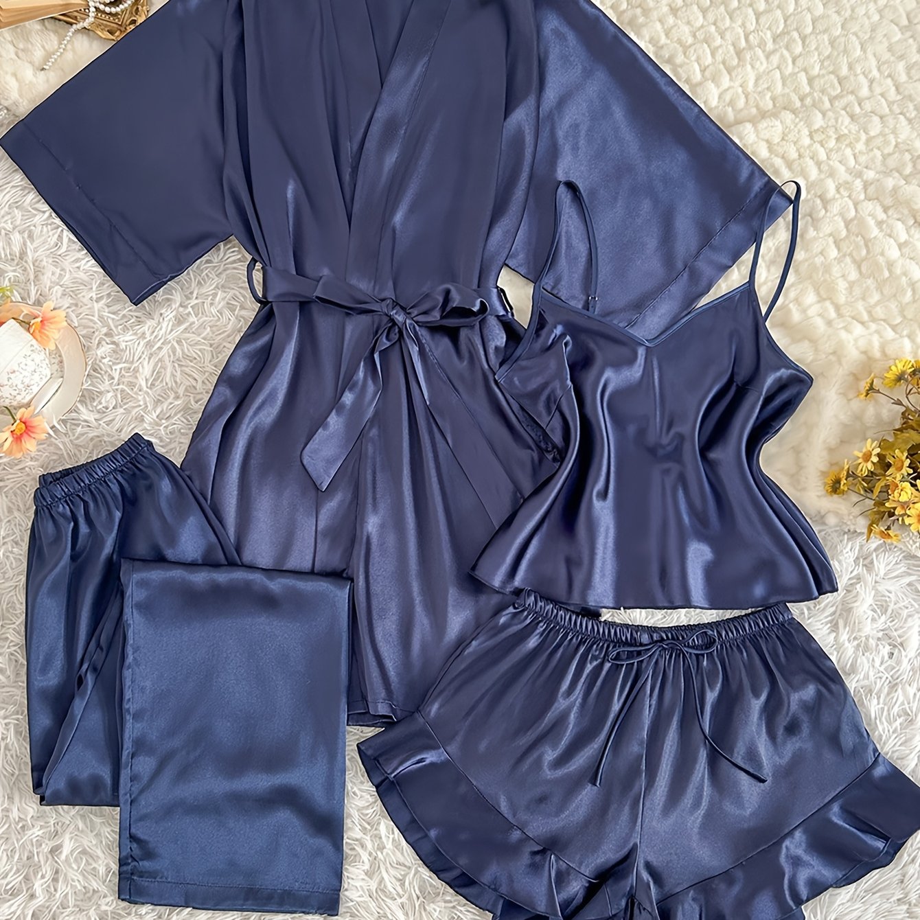 Satin 4-piece sleepwear set for women includes V-neck robe, top, shorts, and long pants in solid color. Made from 100% polyester, suitable for all seasons.