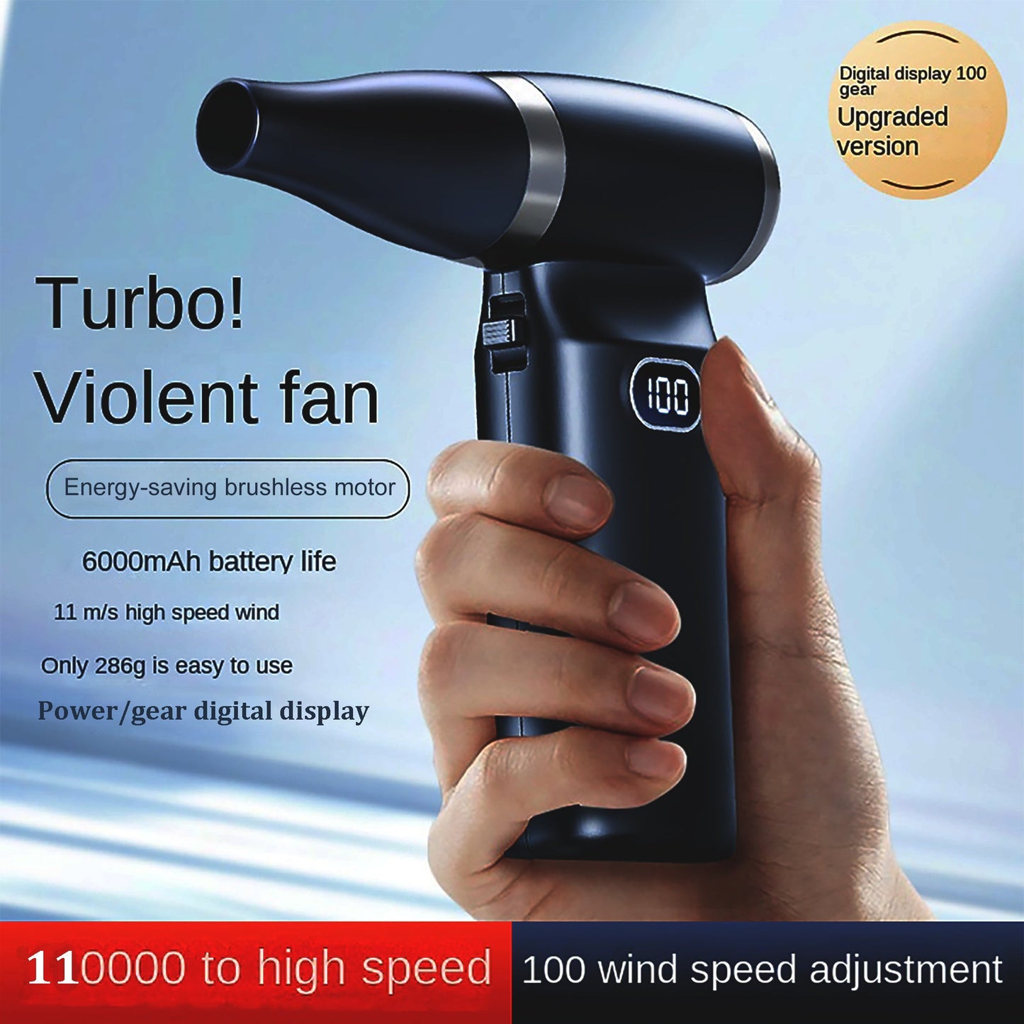 Portable Turbo Jet Fan with 110,000 RPM, 100-Speed Settings, USB Rechargeable Lithium Battery, High-Speed Air Nozzle for Computer Case Cleaning, Pet Care, Cooling, and Dusting. Features 6000mAh Battery.