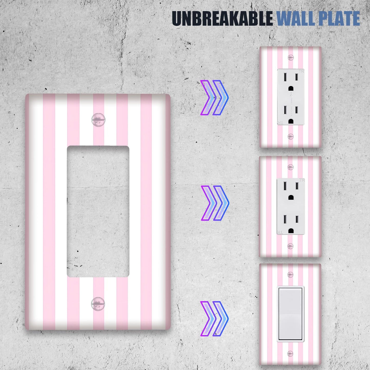 Pink striped light switch cover, stylish and easy to install, no batteries required.