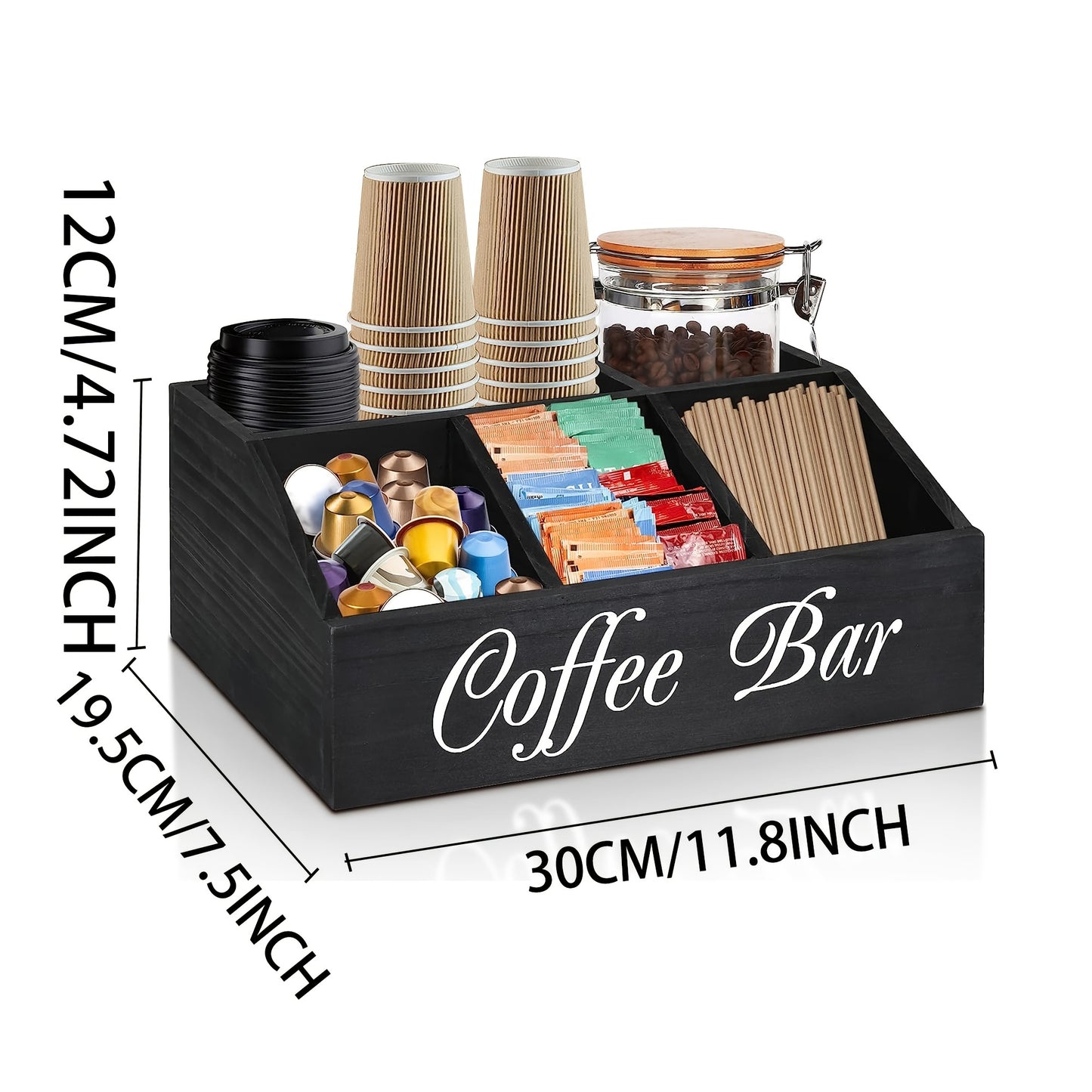 Wooden coffee station organizer for coffee and tea condiments, pods, and accessories; perfect for home organization and decor.