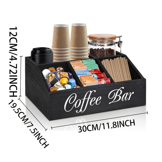 Wooden coffee station organizer for coffee and tea condiments, pods, and accessories; perfect for home organization and decor.