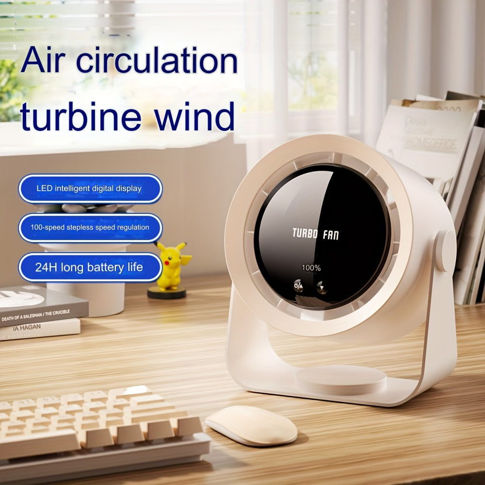 Portable Bladeless Table Fan with Turbo Technology and Touch-Activated Digital Screen, 100-Speed Adjustability, USB Rechargeable Desk Fan with LED Display, Ultra-Quiet Air Circulation for Home, Office, and Outdoor Activities - Lightweight and Convenient